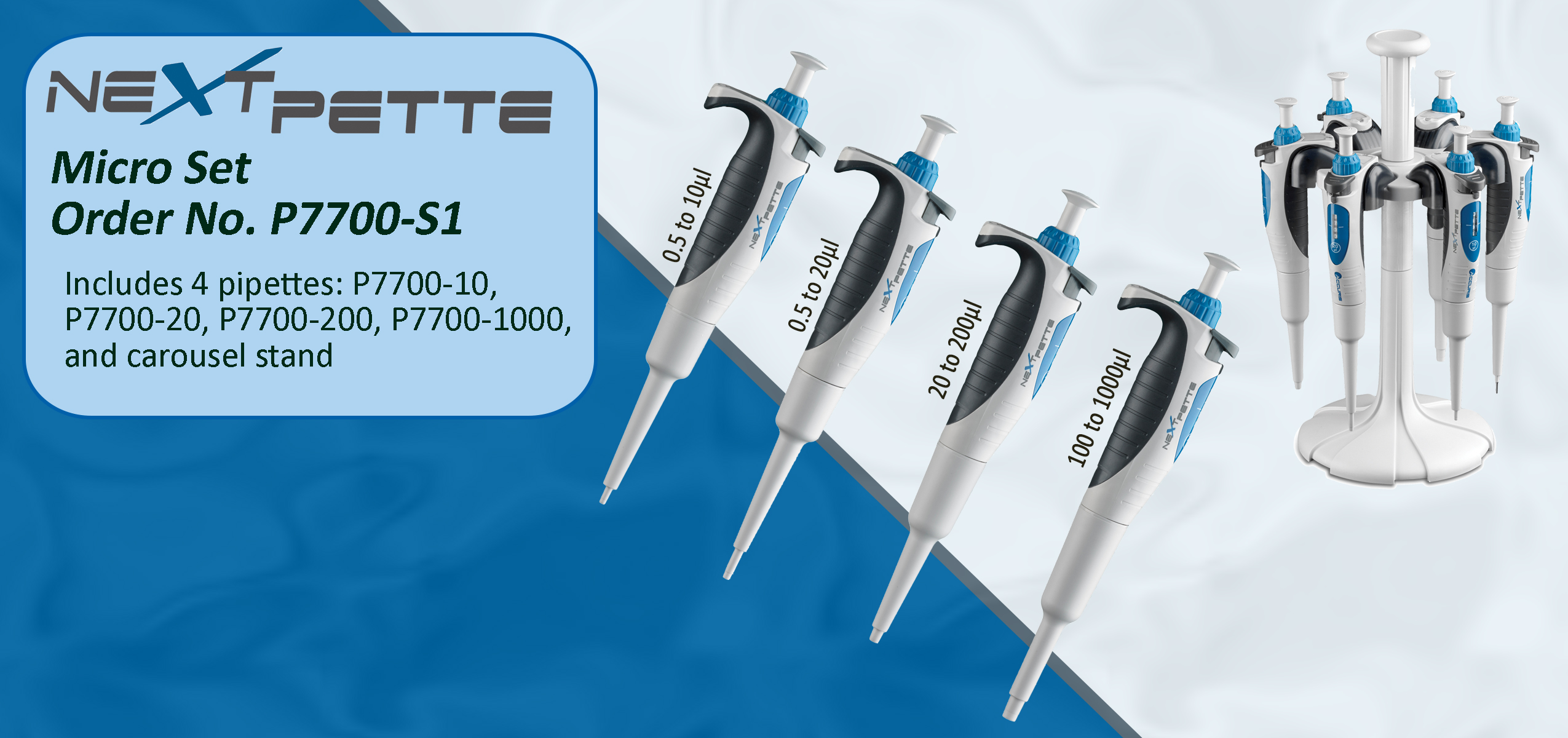 Kit de micropipetas NextPette S1 incluye 4 modelos P7700-10, P7700-20, P7700-200, P7700-1000 y carrusel P7700-CAR