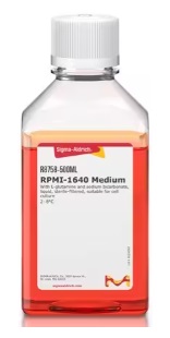 Medio RPMI 1640 con L-glutamina y bicarbonato de sodio, estéril, adecuado para cultivo celular, botella 500 ml